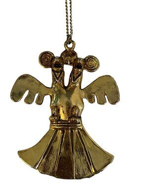 Vintage Gold Tone Double Bird Pendant Necklace Abstract Twin Head Figural Brutal